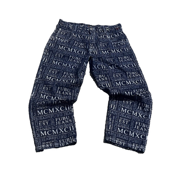 Fubu The Collection MXCII All Over Print 90s HipHop Baggy Denim Jeans 42X33 - Picture 1 of 7